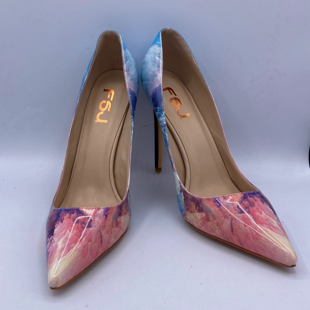 FSJ Blue Clouds Print High Heel Pointy Toe Pump